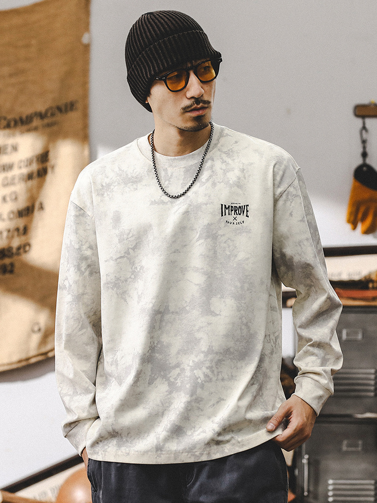 美式複古雲染水洗長袖T恤男秋季潮牌重磅設計感寬松休閑上衣男款T