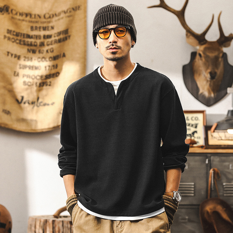 【假兩件】美式復古重磅歐棉絨長袖T恤男秋季2025新款硬漢亨利衫