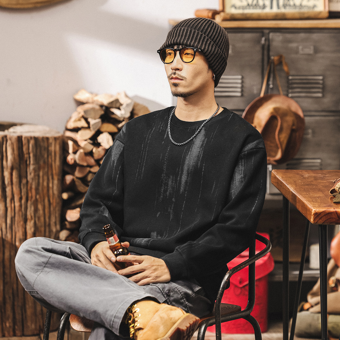 美式復古500g重磅衛衣男春秋潮牌流蘇肌理寬鬆新款秋冬長袖上衣男