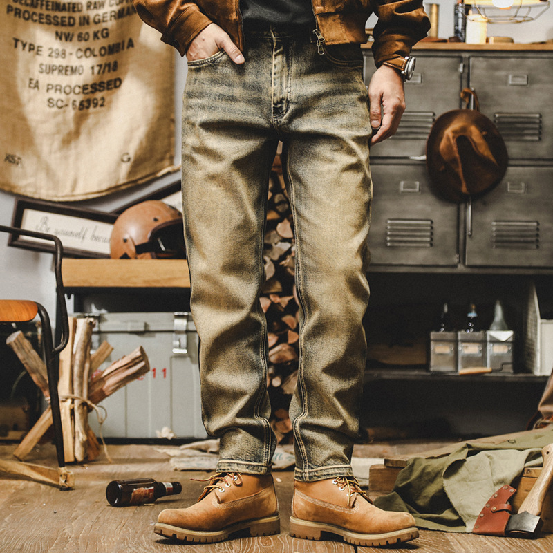 傑雷諾美式重磅黃泥做舊複古牛仔褲男寬松彈力休閑褲子男秋季長褲
