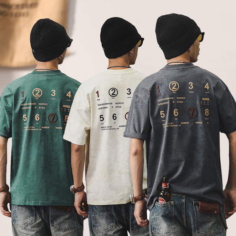 絨面發泡印花短袖男夏季美式潮牌T恤男2024新款男裝復古半袖上衣