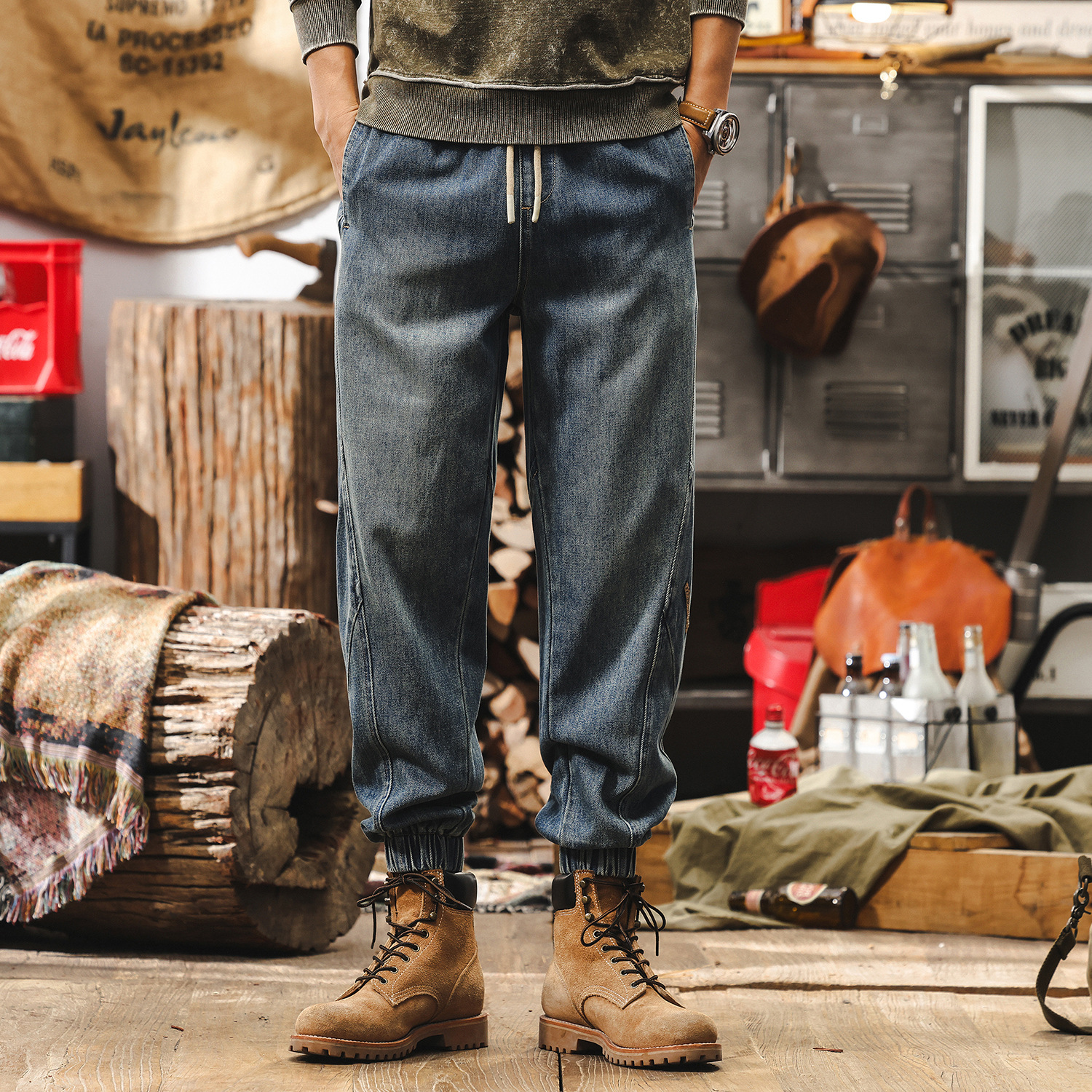 萊賽爾薄款褲子男夏季美式復古2025新款寬鬆直筒束腳休閒牛仔褲男