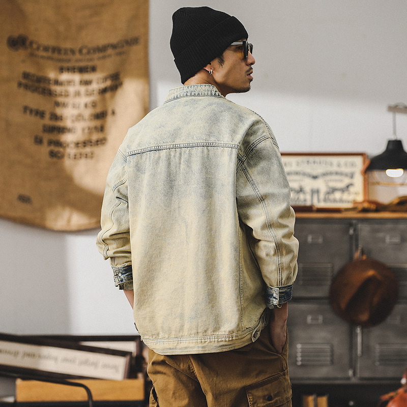 美式重磅复古立领机车夹克男春季痞帅黄泥染做旧赛络纺牛仔外套男