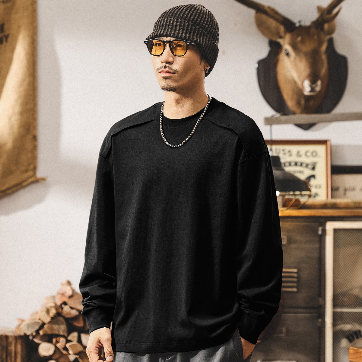 美式復古重磅長袖t恤男秋季新款設計感潮流拼接寬鬆休閒男士上衣