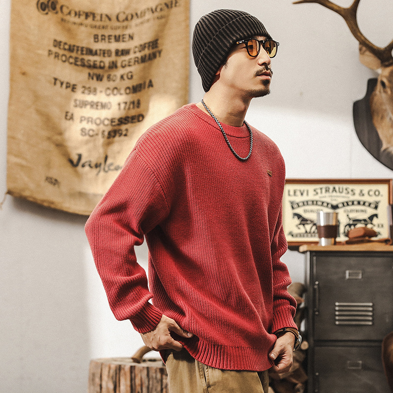 美式復古550g重磅珊瑚紅毛衣男冬季潮牌寬鬆簡約百搭針織衫秋冬款