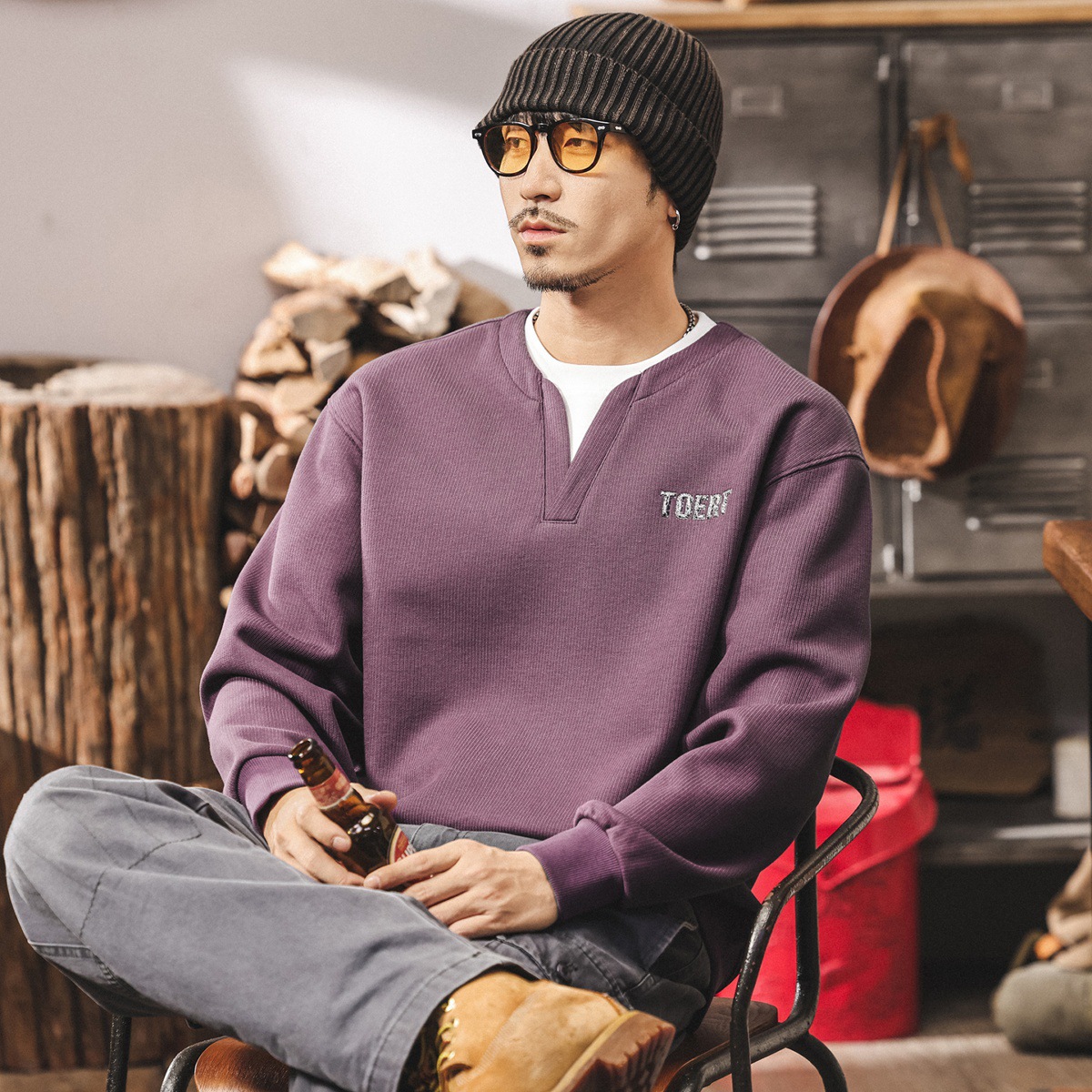 美式復古假兩件衛衣男春秋新款350重磅長袖T恤男寬鬆潮流紫色上衣