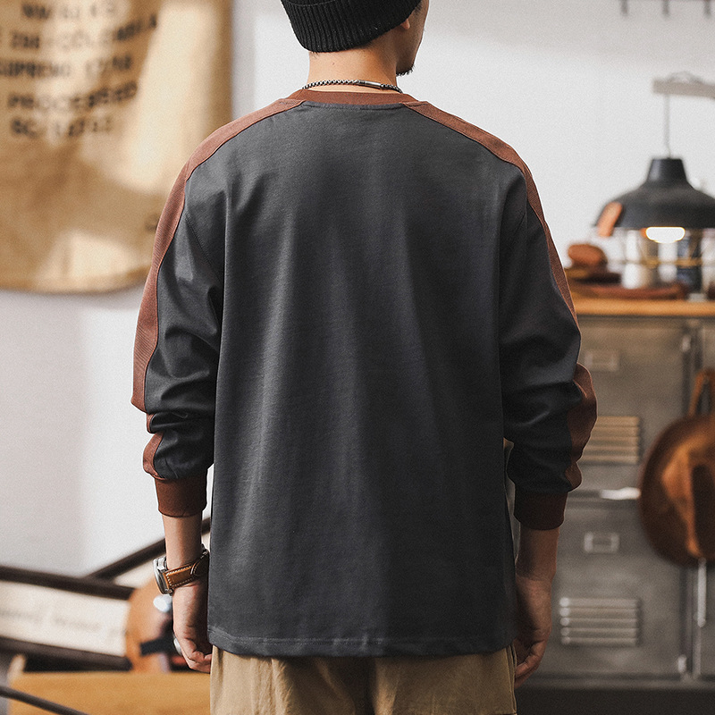 美式複古280g重磅長袖T恤男秋季撞色拼接體恤2024新款寬松衣服男