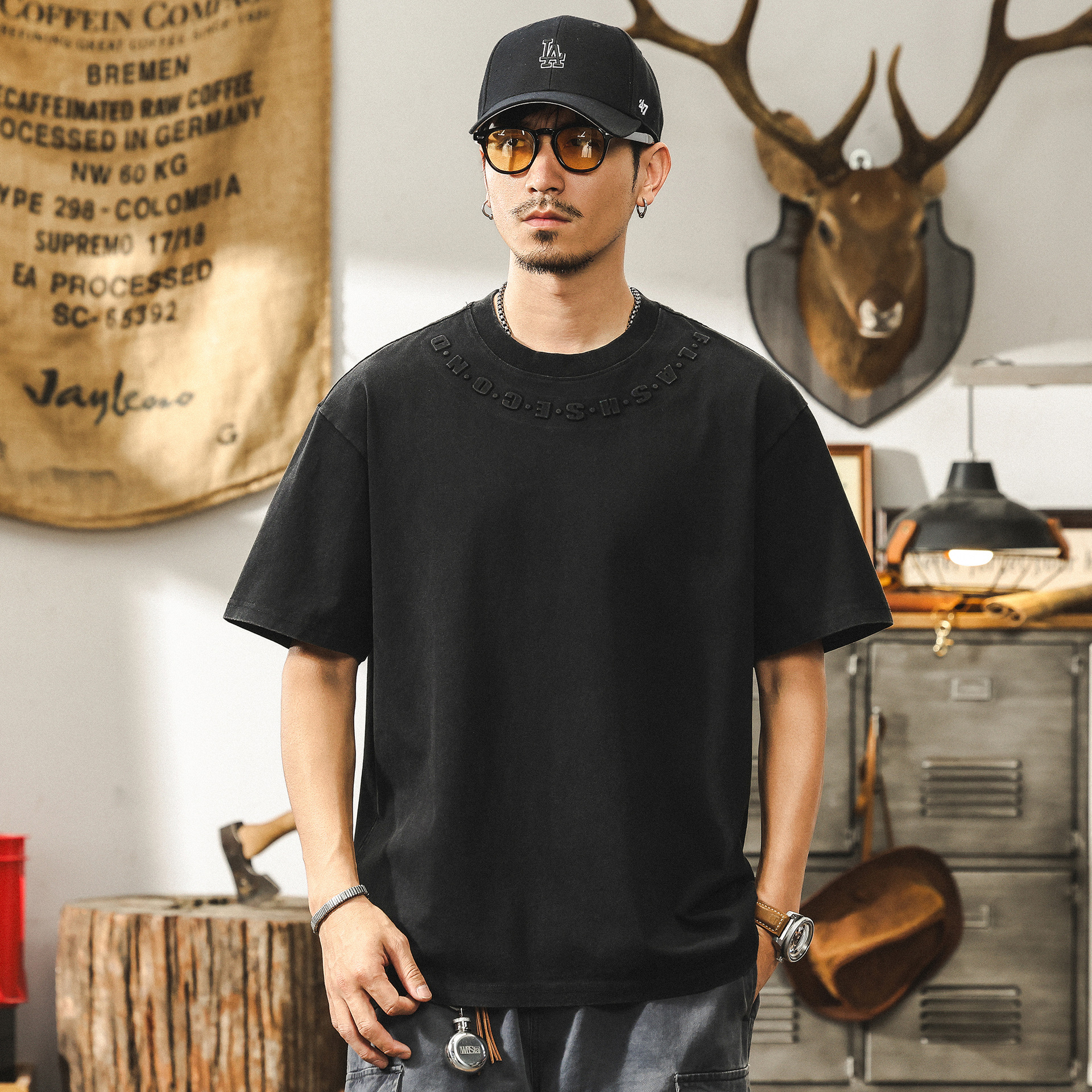 美式復古260g重磅T恤男夏季短袖2025新款潮流立體鋼印寬鬆上衣男