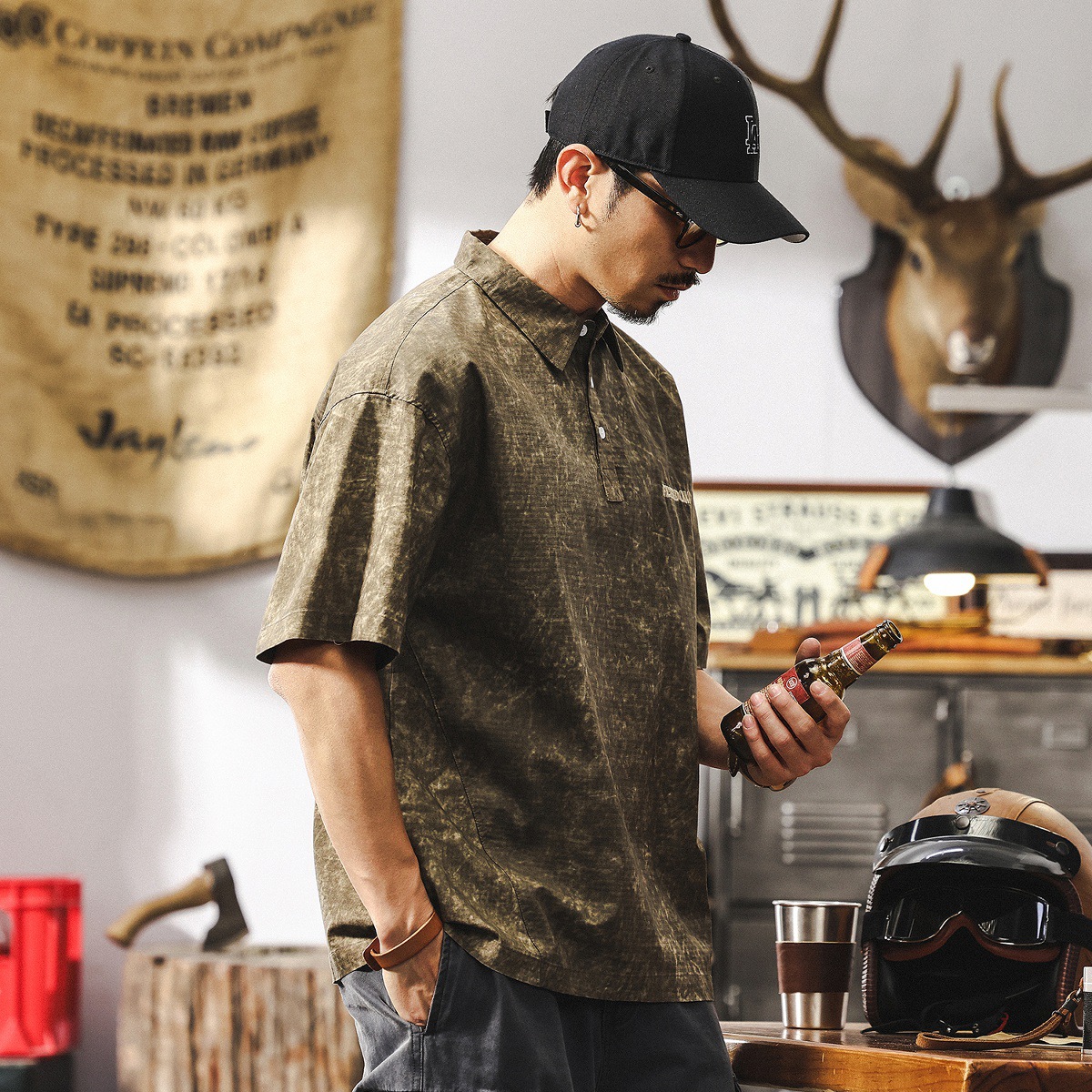 美式扎染水洗polo衫男夏季短袖潮牌高級感痞帥寬鬆刺繡翻領T恤男