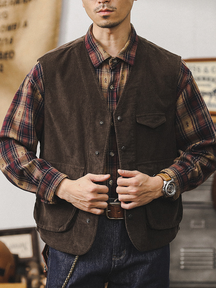 美式重磅復古燈芯絨馬甲外套男寬鬆2024新款潮牌古著工裝夾克褂子