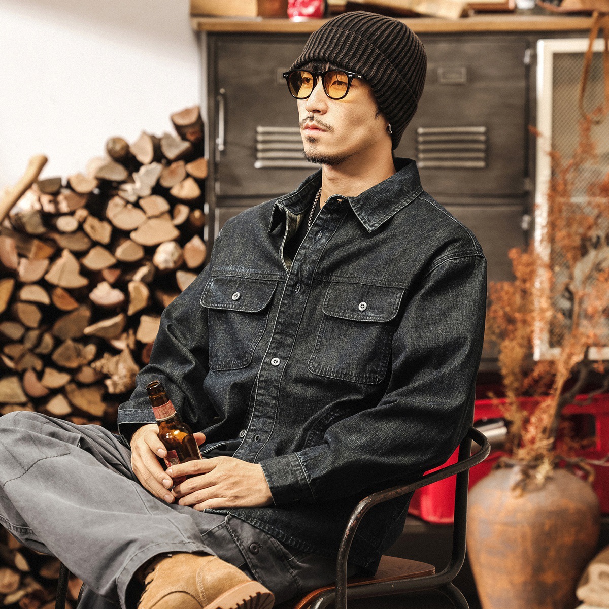 美式復古保色水洗原生靛藍色牛仔襯衫外套男春秋潮牌寬鬆工裝夾克