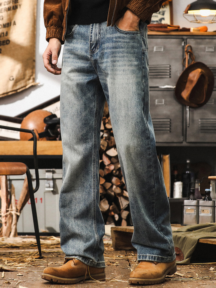 美式復古直筒牛仔褲男秋季2024新款寬鬆褲子男微喇經典水洗休閒褲