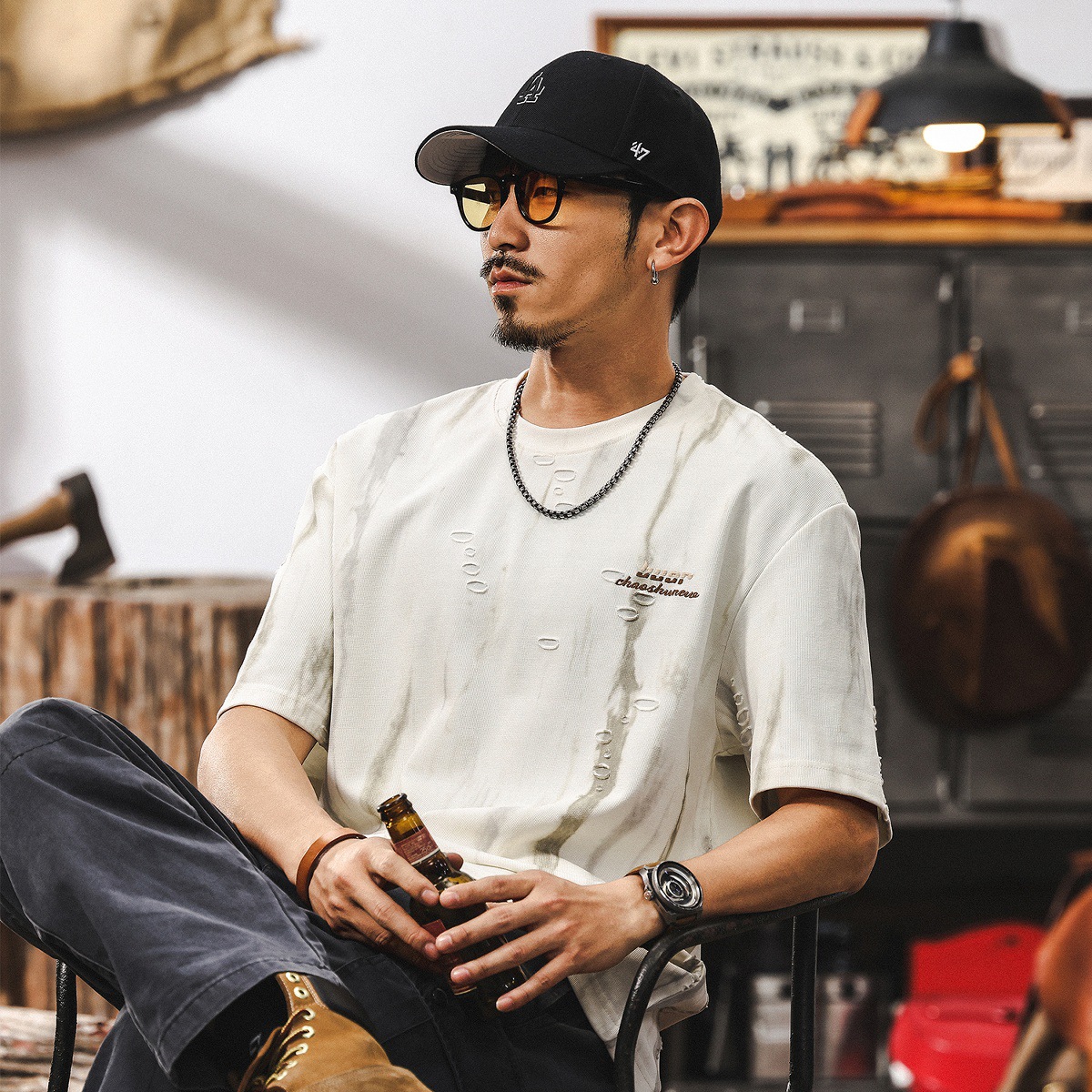 輕奢高級感夢幻雲染提花T恤男夏季短袖2025新款潮牌寬鬆美式上衣