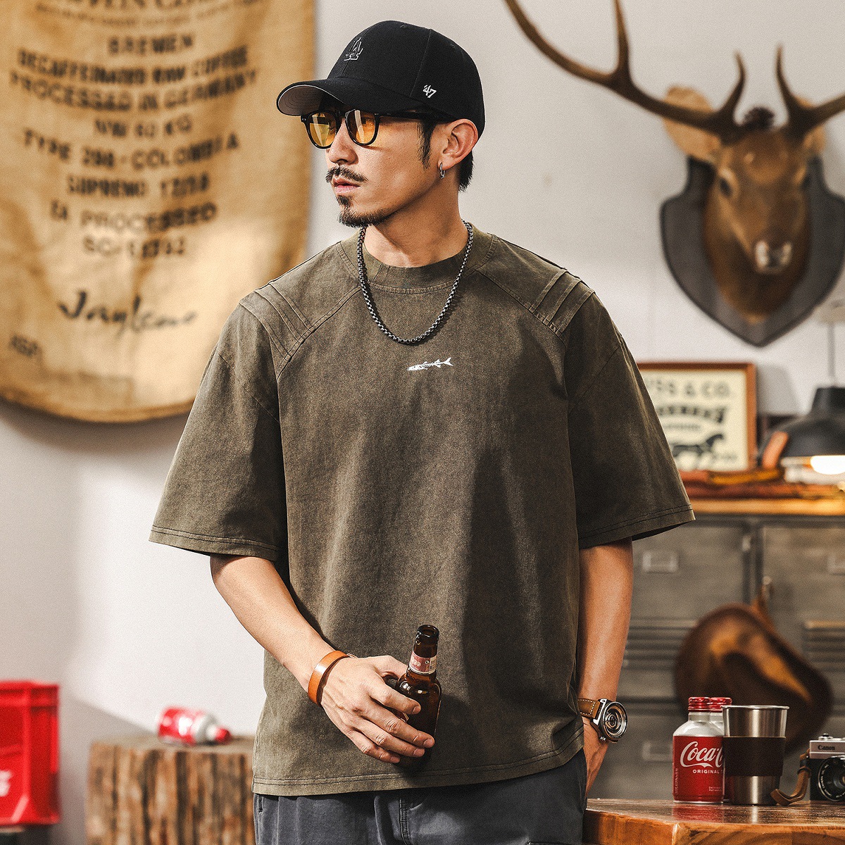 美式復古短袖男潮牌男士T恤2025新款夏季硬漢水洗寬鬆上衣男