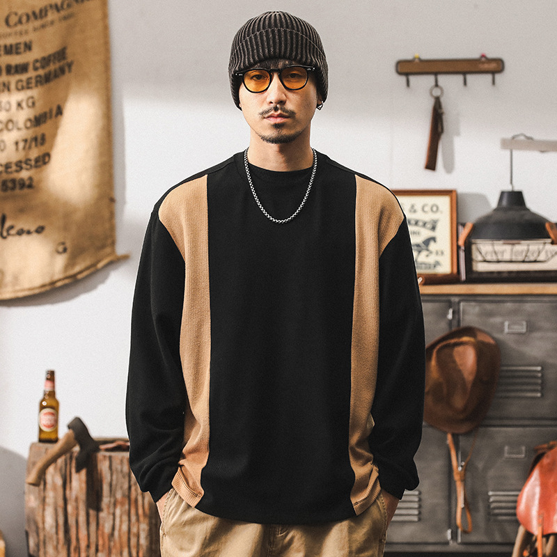 美式復古拼接撞色長袖T恤男秋季潮牌重磅肌理感寬鬆男士休閒上衣