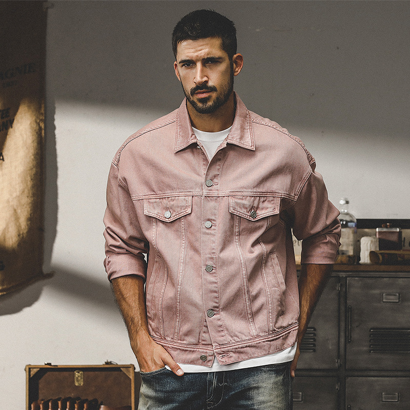 美式復古多巴胺粉色牛仔外套男士秋冬款潮流水洗阿蘇特工裝夾克男