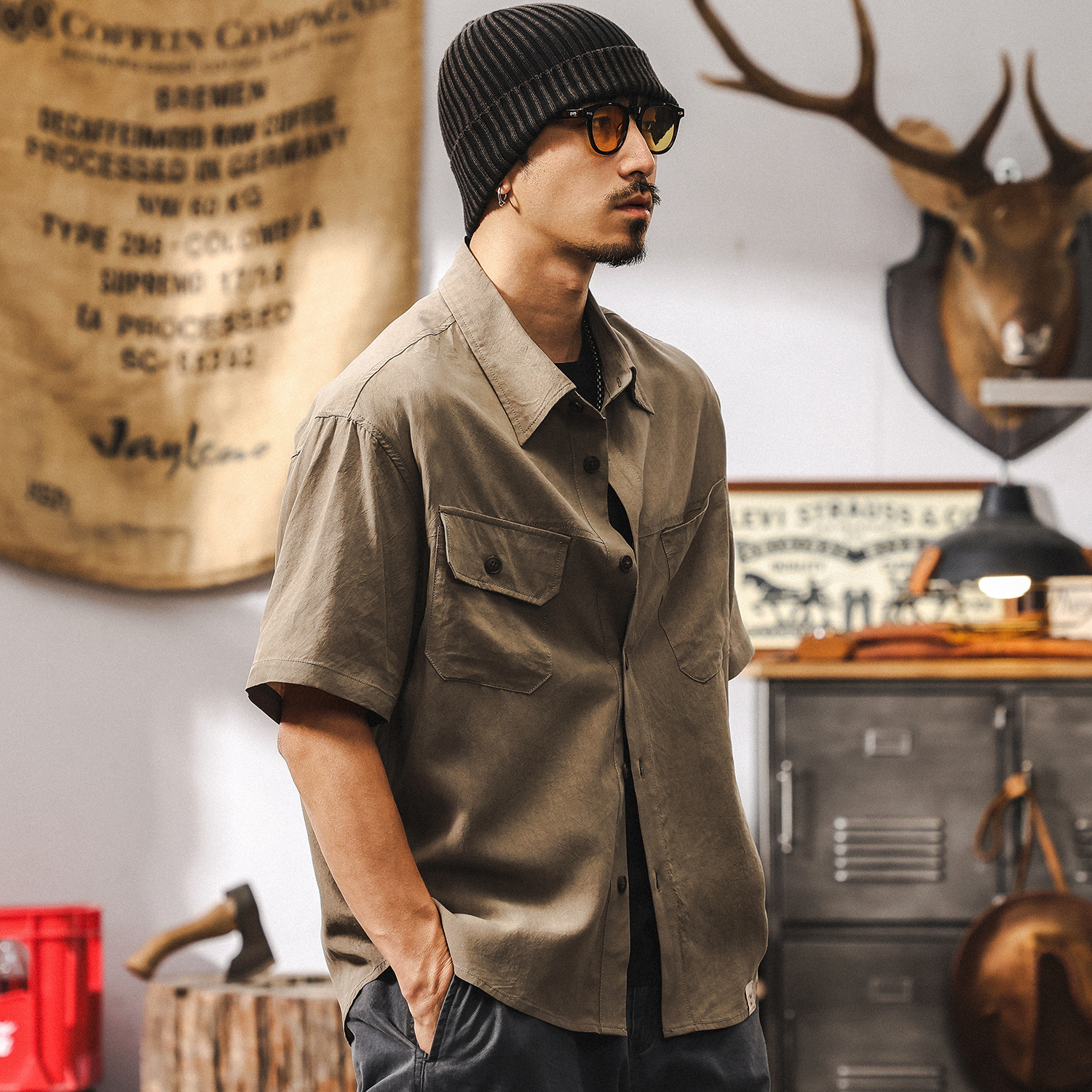 萊賽爾垂感抗皺襯衫男短袖夏季2025新款美式復古寬鬆工裝襯衣