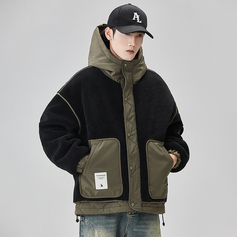 GURBAKS秋冬新款潮牌連帽撞色羽絨服外套男裝拼接工裝顆粒絨羽絨