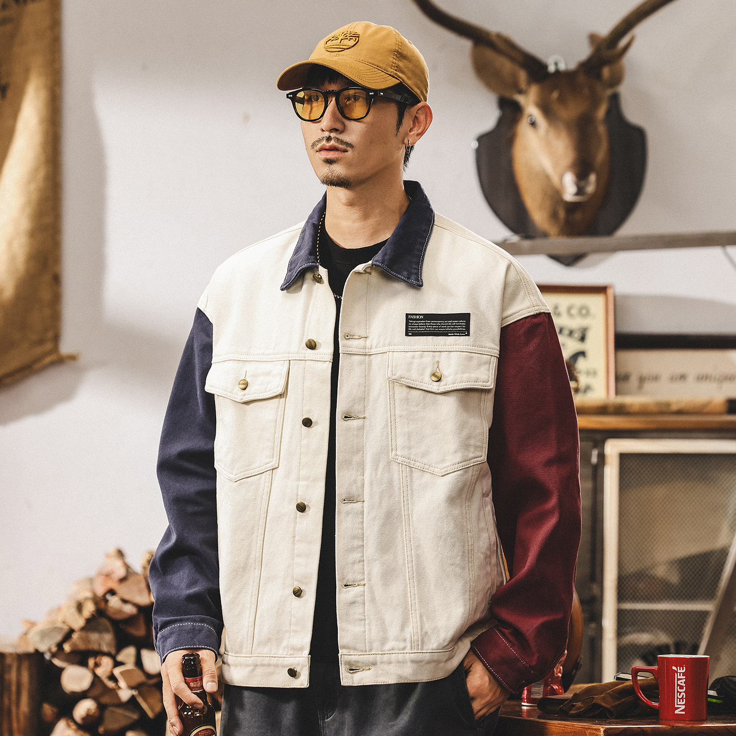 美式復古工裝外套男秋春2025新款潮牌帥氣拼接撞色寬鬆夾克男秋季