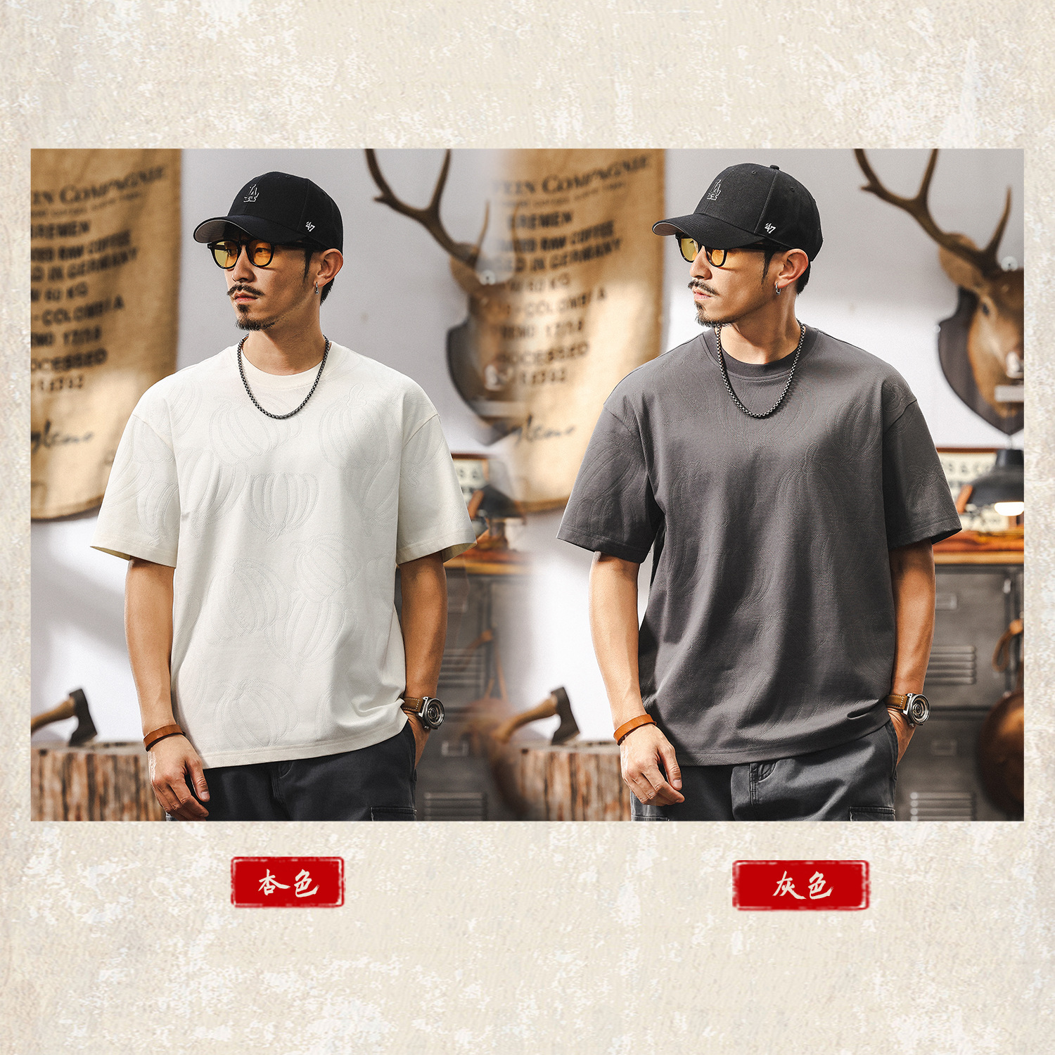 美式復古短袖T恤男夏季2025新款潮流高級感南瓜滿印男士休閒上衣