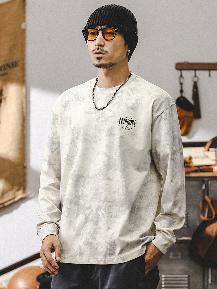 美式復古270g重磅長袖T恤男秋季潮牌雲染洗褪設計感男款寬鬆上衣