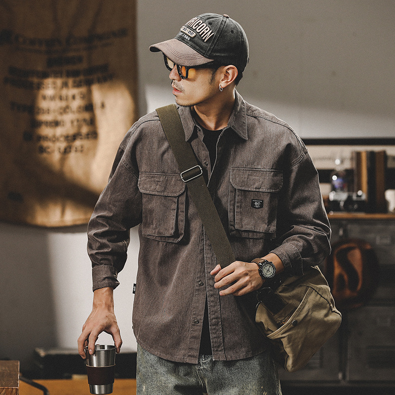 美式休閒工作服襯衫夾克男春季2024新款寬鬆潮牌夾克男春秋長袖襯