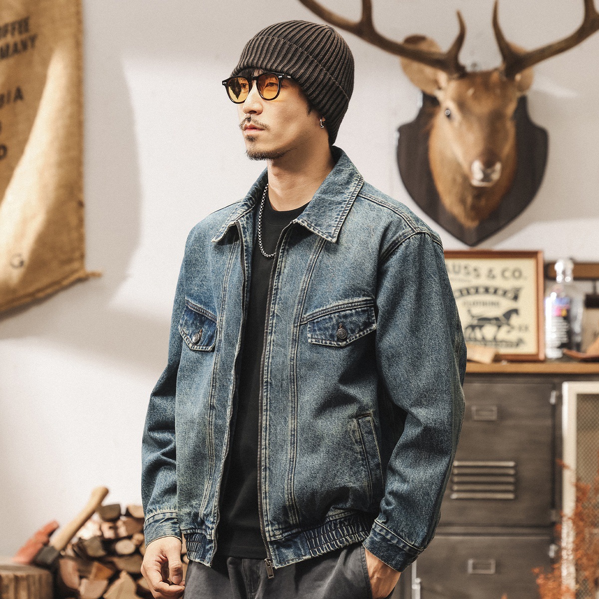 美式復古潮牌拼接解構牛仔外套男春秋款重水洗寬鬆短款工裝夾克男