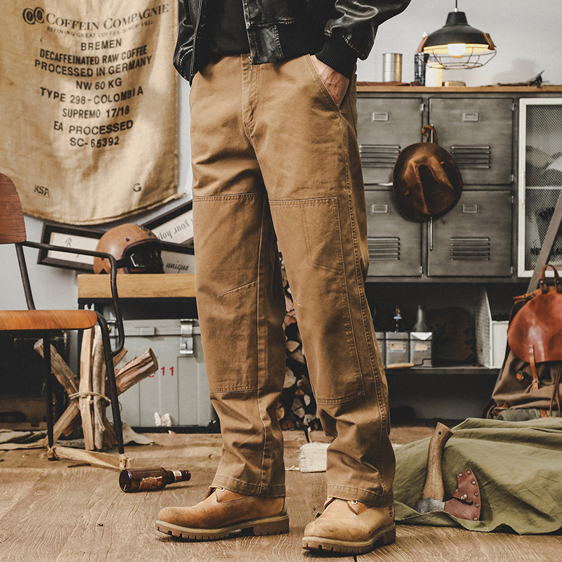 美式重磅複古工裝褲男直筒寬松2024新款雙膝伐木褲秋季休閑褲子男