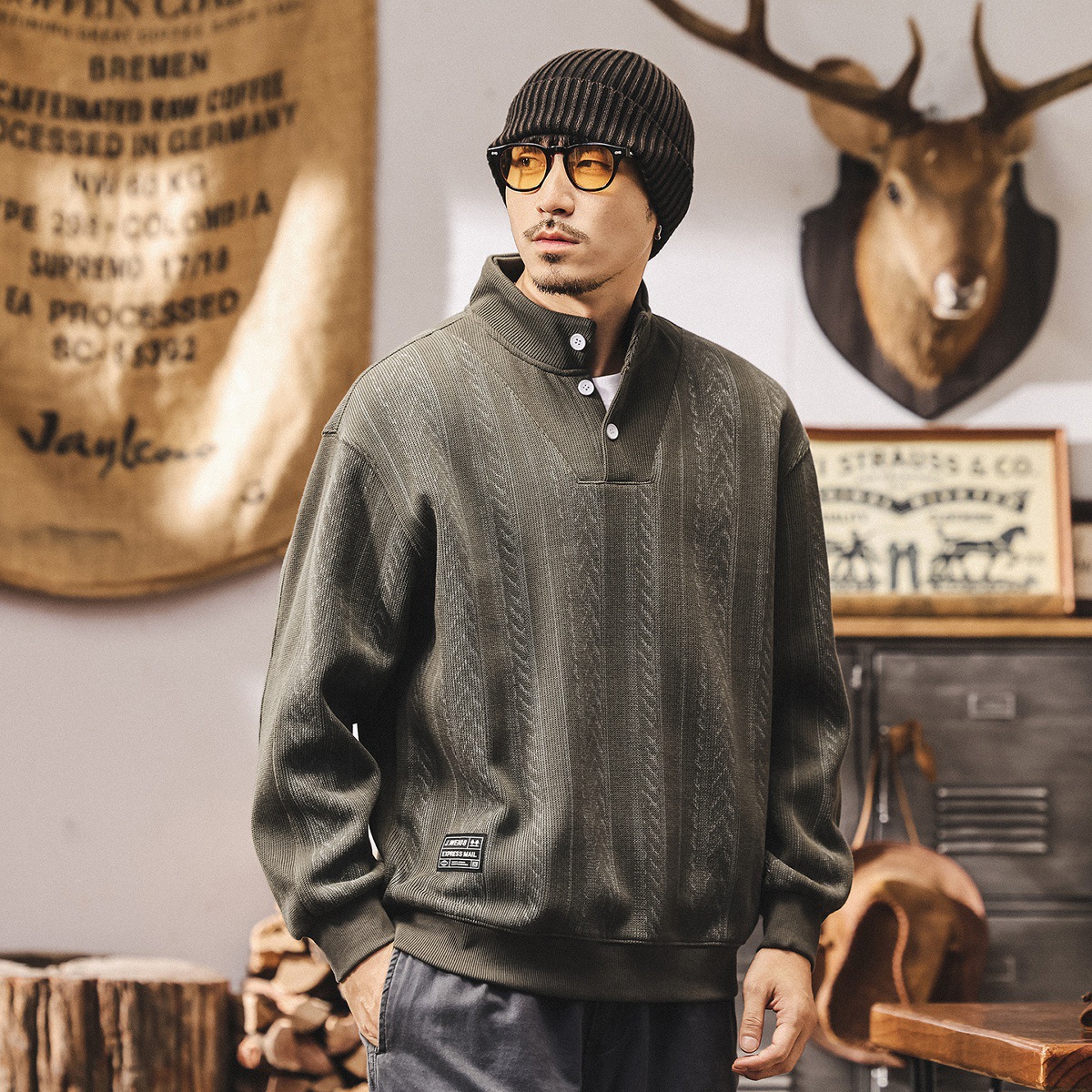 美式復古重磅半高領衛衣男款春秋潮牌寬鬆新款秋冬輕熟男士上衣潮