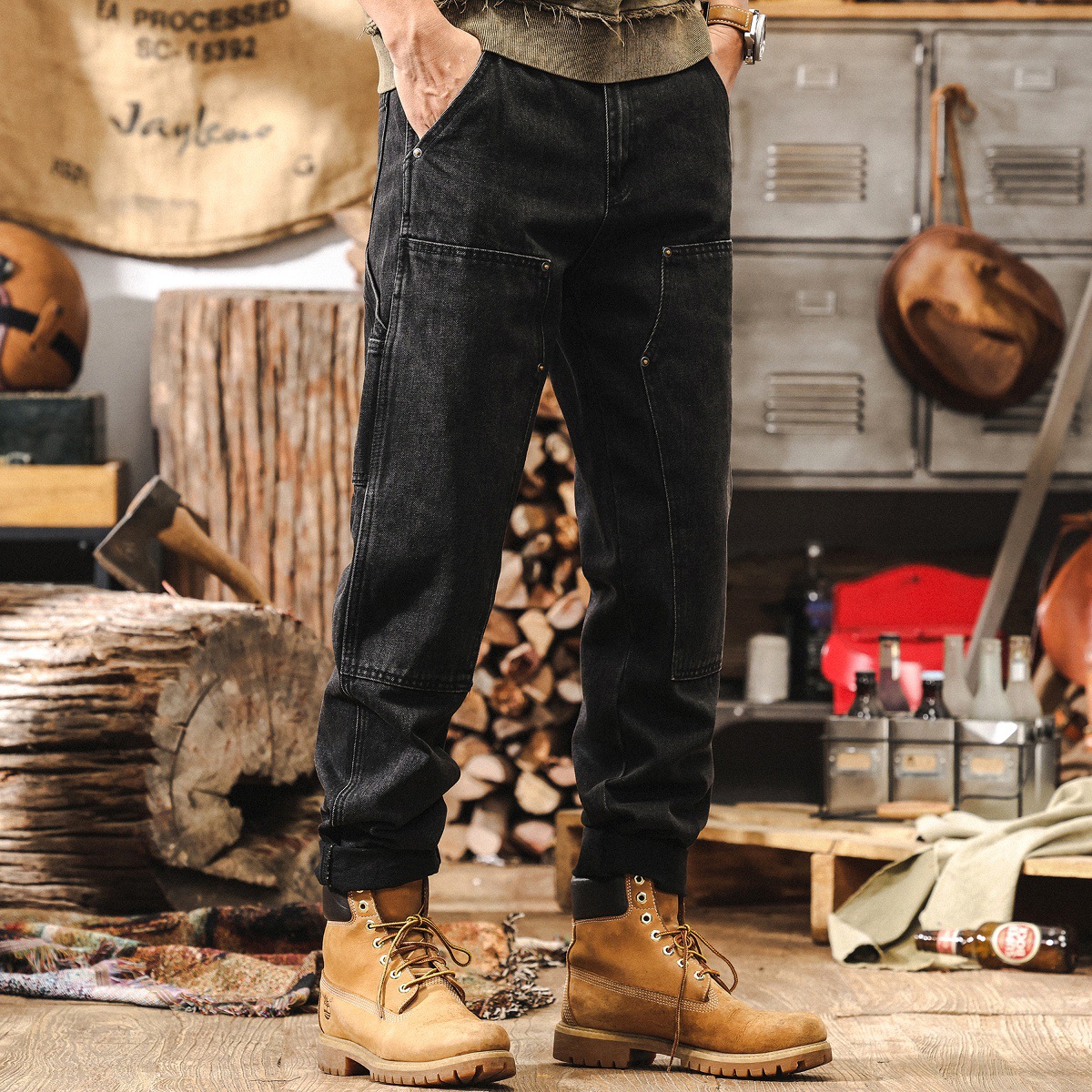 美式復古做舊水洗牛仔褲男秋季潮牌直筒伐木硬漢工裝褲寬鬆休閒褲