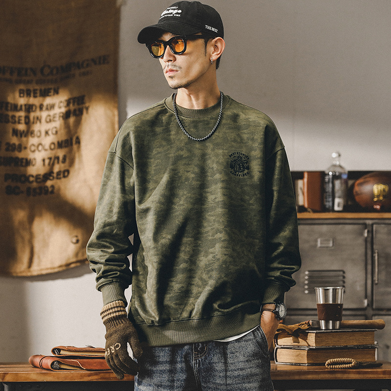 杰雷諾美式380g重磅迷彩麂皮絨衛衣男秋冬款寬鬆大碼打底衫上衣男