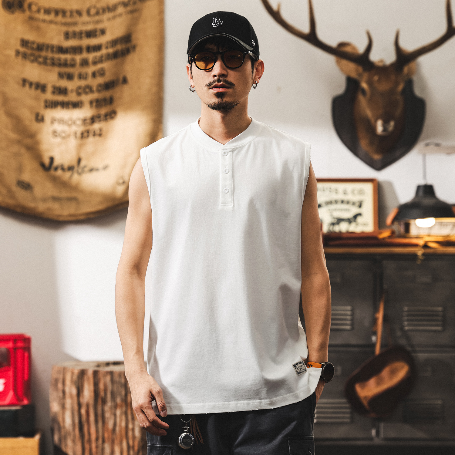 美式復古亨利領無袖白色T恤男夏季寬鬆潮牌坎肩運動健身背心上衣T