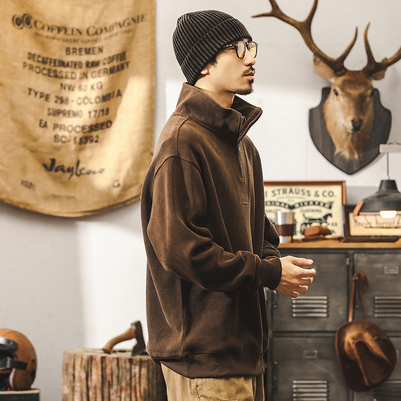 美式復古雪尼爾360g重磅半高領衛衣男冬季加厚條絨寬鬆大碼外套男