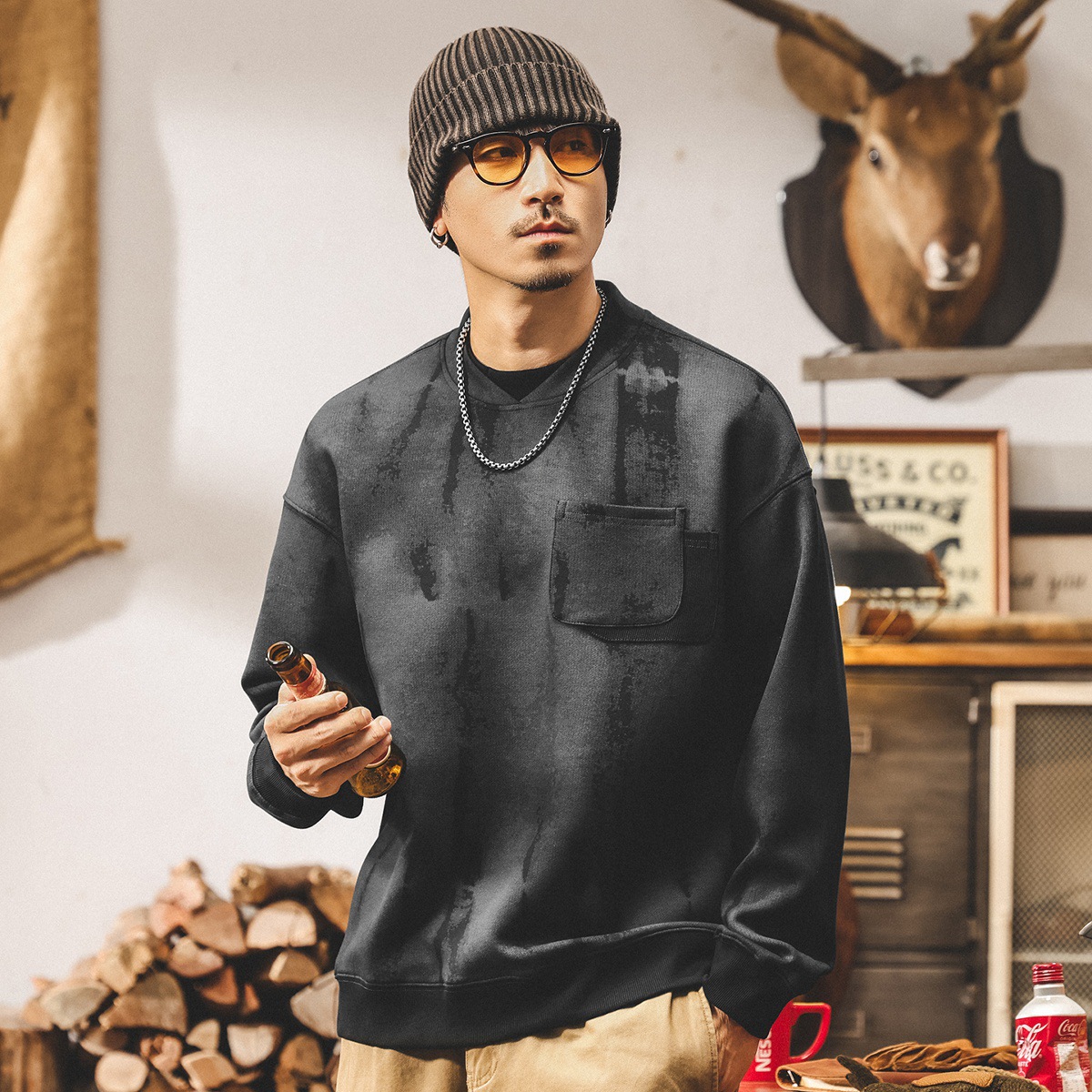 美式復古麂皮絨360g重磅衛衣男春秋款潮牌髒染寬鬆假兩件男士上衣