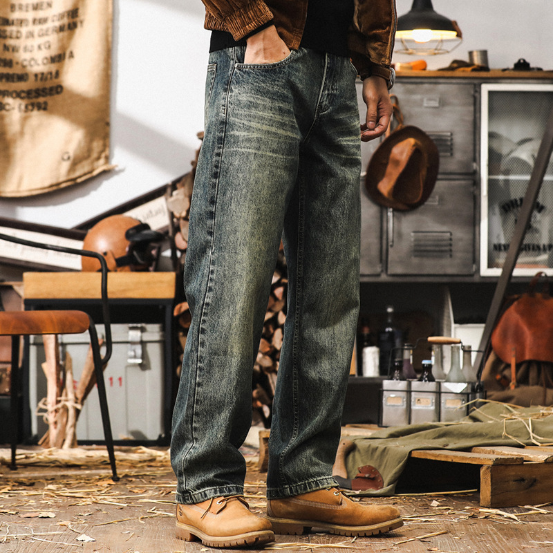 美式重磅復古牛仔褲男款秋季寬鬆直筒休閒褲子男潮流做舊水洗男褲