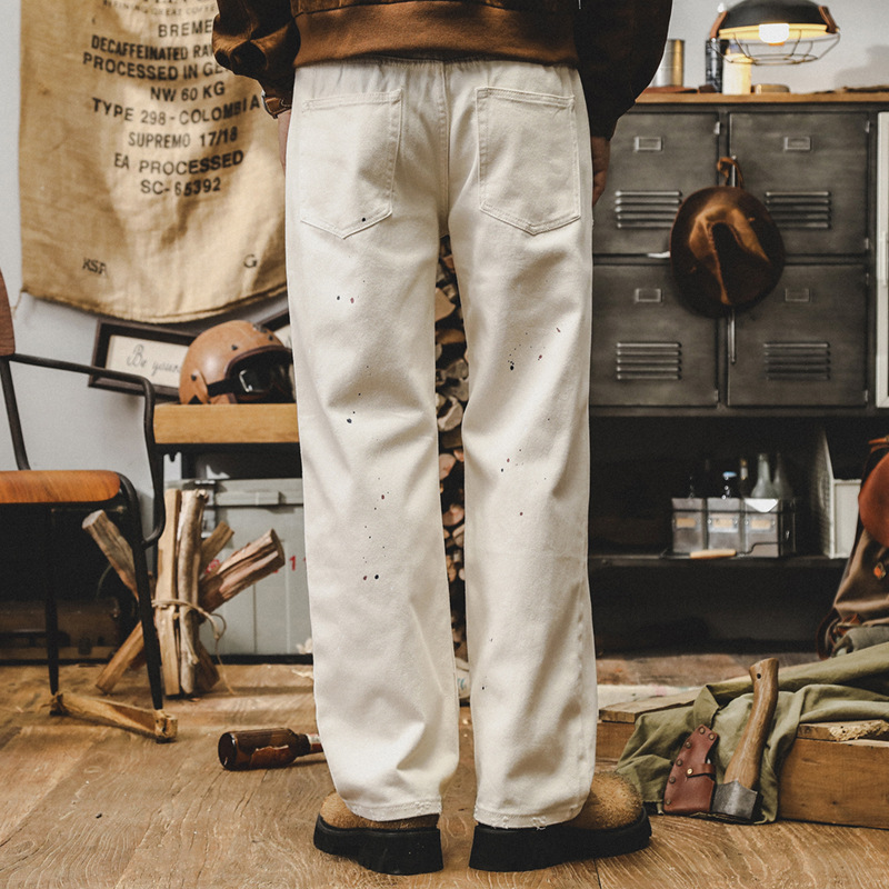 美式潮牌潑墨直筒牛仔褲男秋季寬松破洞休閑潮流白色褲子男春秋款