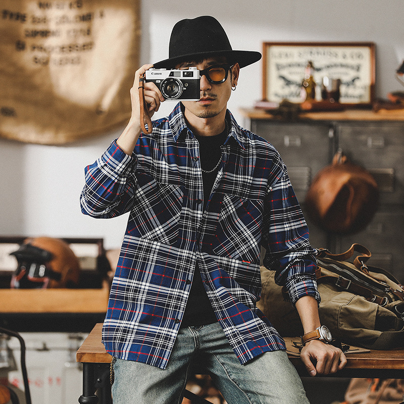 美式復古格子襯衫男長袖春季英倫風雅痞條紋襯衣男士外套春秋新款