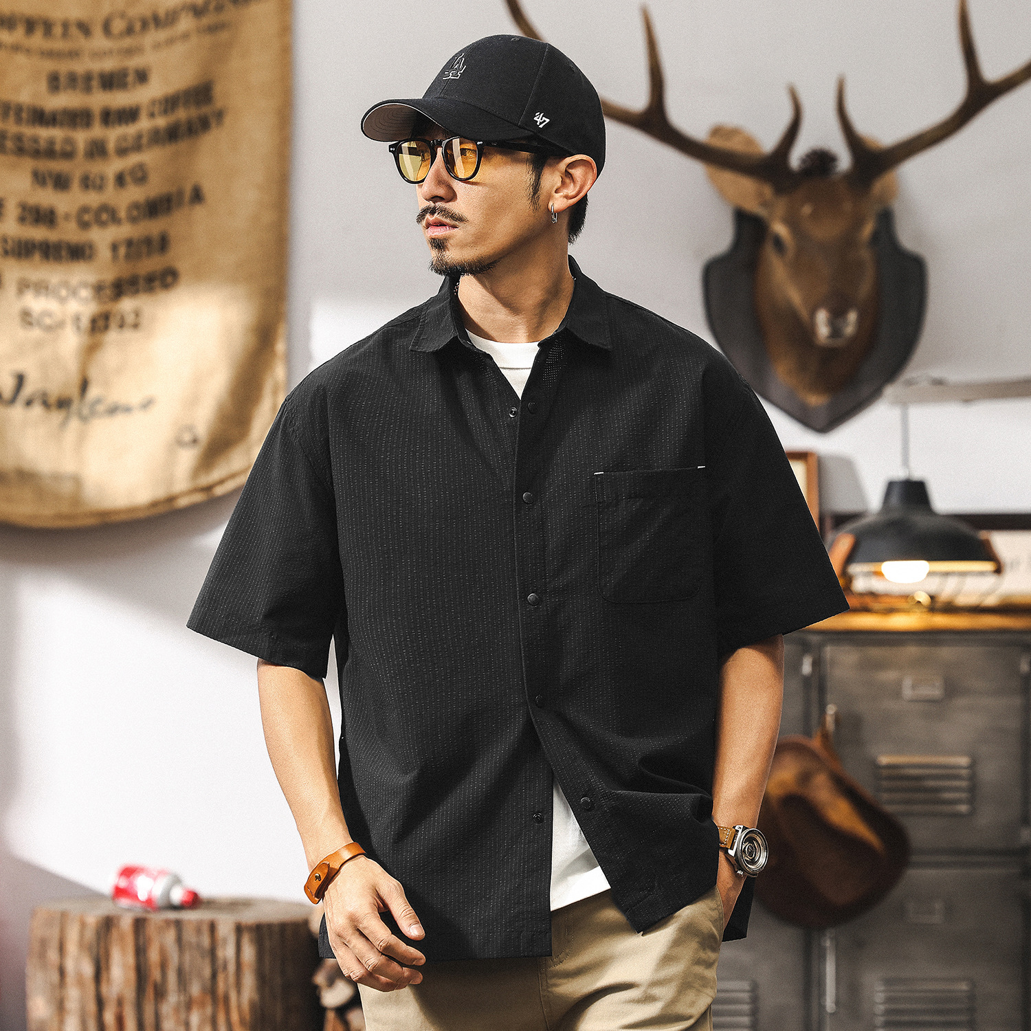 【零壓智能速幹】短袖男夏季涼感襯衫2025新款半截袖美式復古襯衣