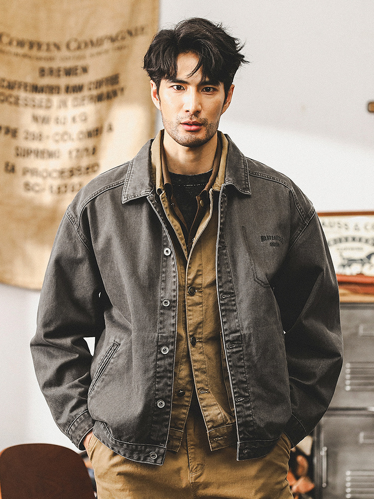 傑雷諾美式重磅複古紫色工裝夾克男秋季潮牌寬松休閑男士外套春秋