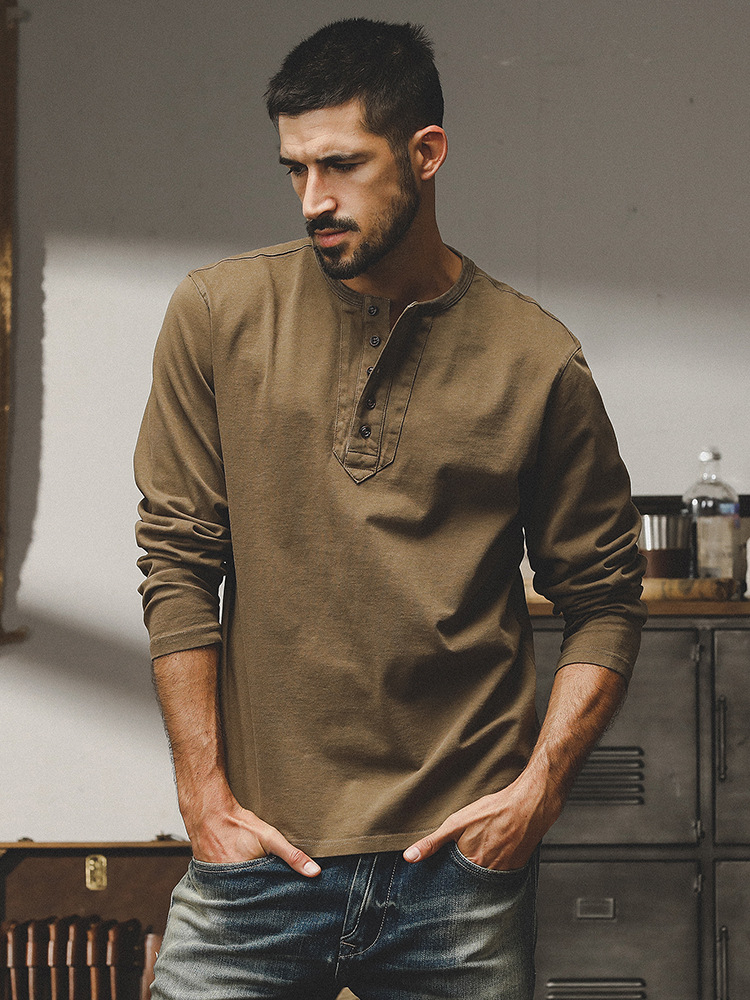 美式重磅復古長袖T恤男春秋款2024年新款潮牌水洗做舊硬漢亨利杉