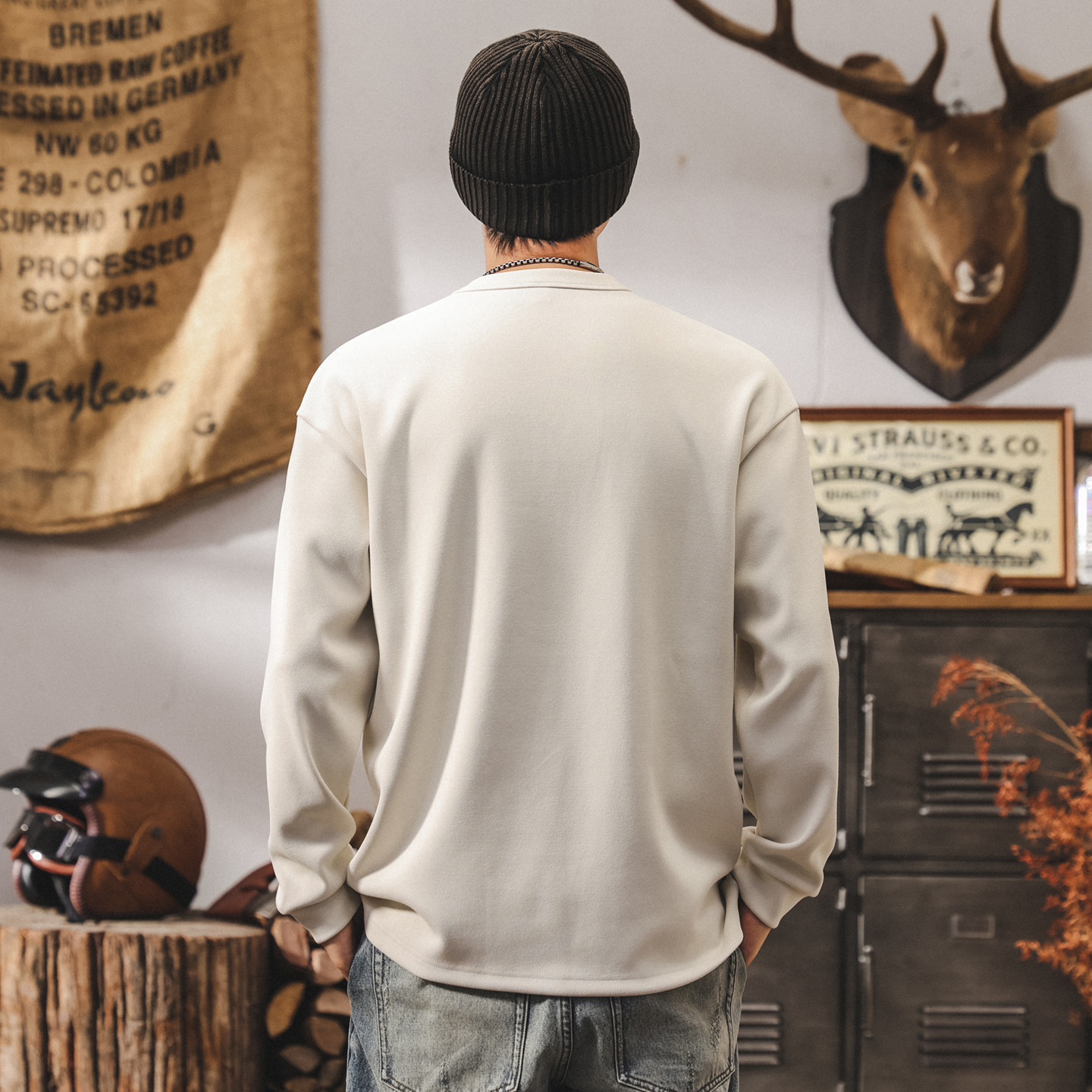 美式復古410g重磅賽爾絨衛衣男春秋新款寬鬆基礎純色內搭打底衫男