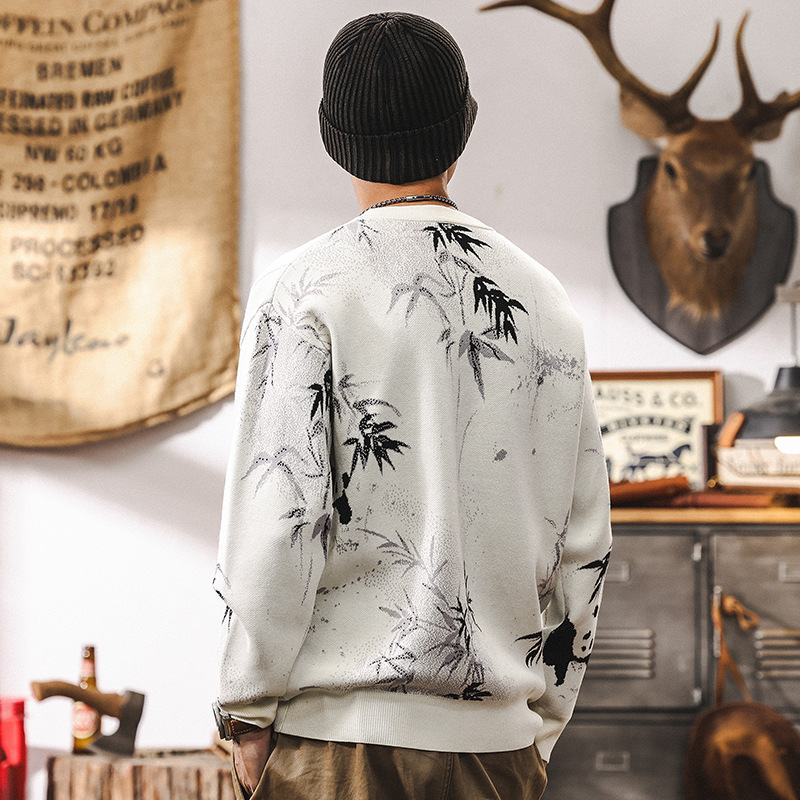 國潮熊貓提花毛衣男冬季潮流男士內搭秋冬款寬鬆國風潮流針織衫男