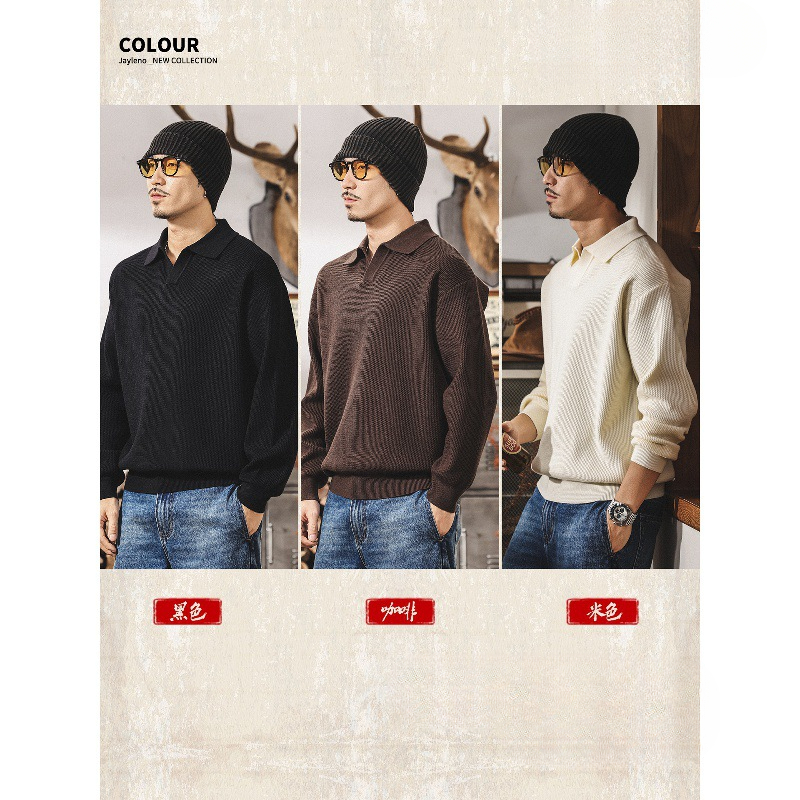 美式復古海鷗領毛衣男秋冬款寬鬆潮牌簡約馬球領休閒針織衫男秋季