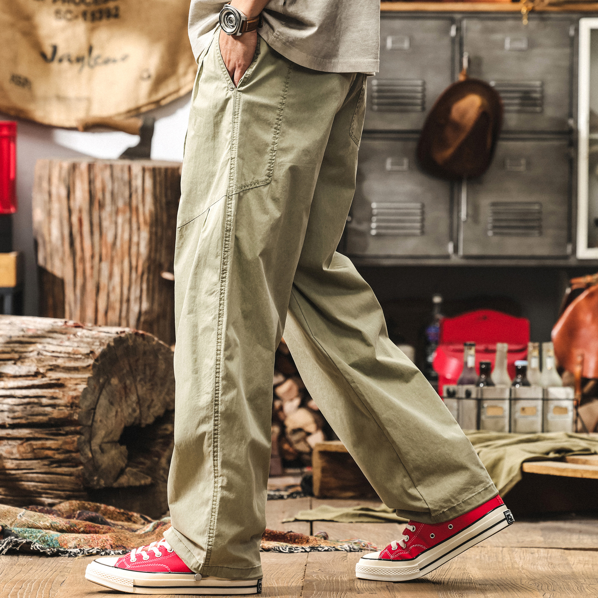 美式復古寬鬆闊腿休閒褲男士夏季新款直筒褲子拼接潮牌工裝束腳褲