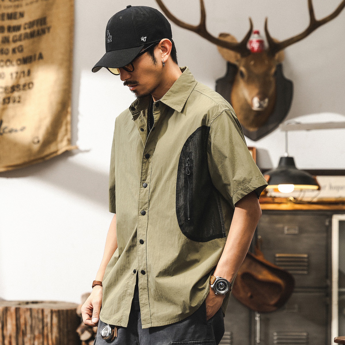 美式復古工裝襯衫男短袖夏季2025新款戶外釣魚機能寬鬆薄款襯衣男