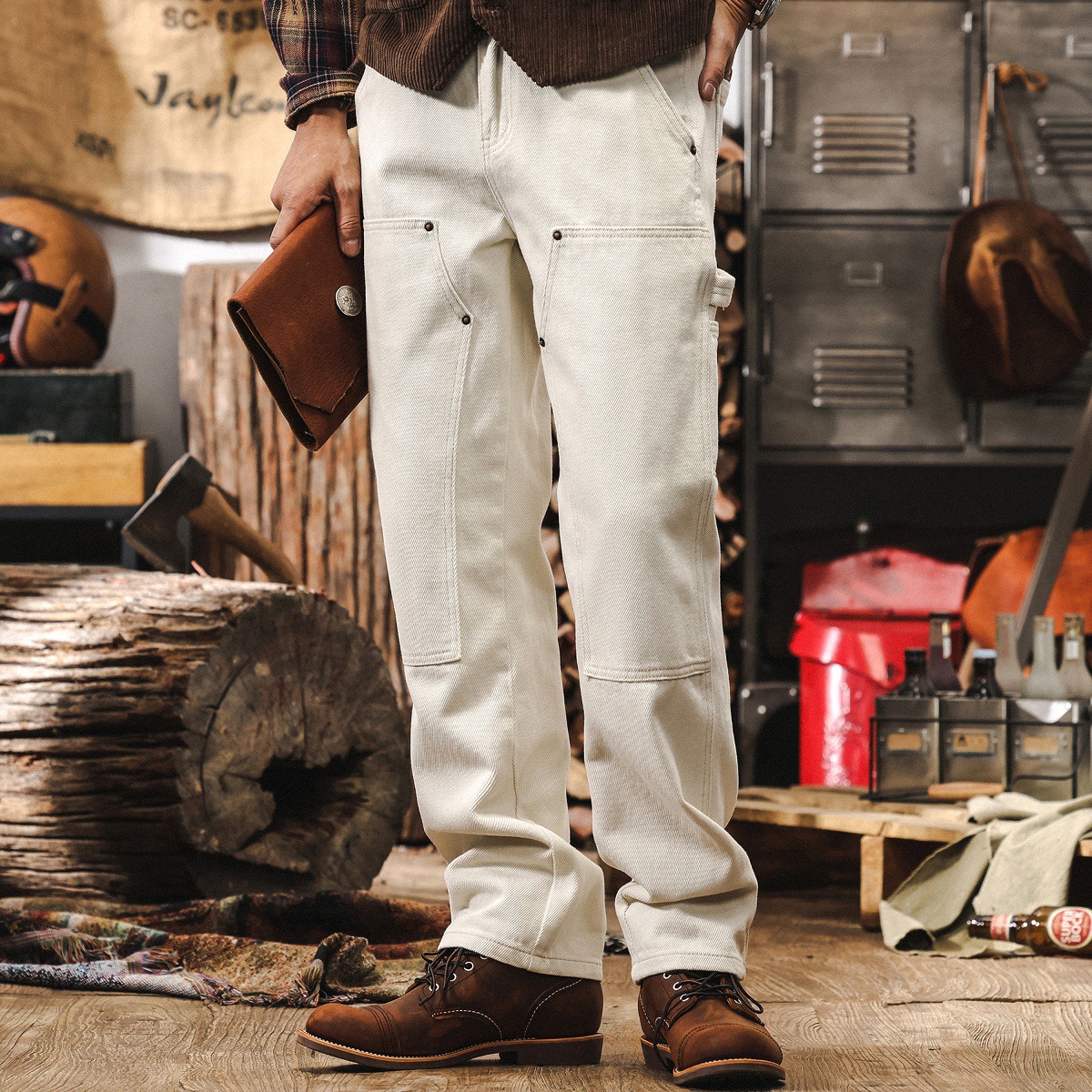 美式復古白色牛仔褲男秋季新款工裝褲子男秋季寬鬆直筒男士休閒褲