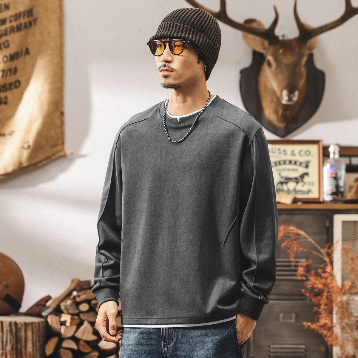 美式復古260g重磅長袖t恤男寬鬆秋季新款潮牌拼接假兩件男裝上衣