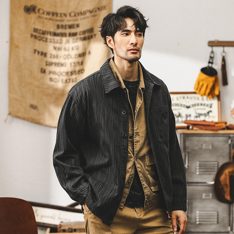 美式複古竹節紋襯衫男長袖高級感潮牌寬松休閑襯衣外套男款春秋季
