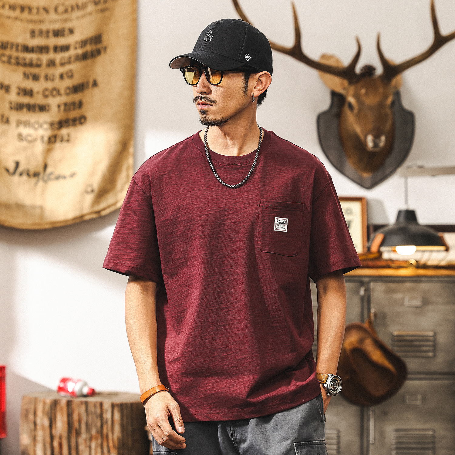 美式重磅復古竹節棉透氣T恤男夏季男士短袖衣服男裝涼感體恤