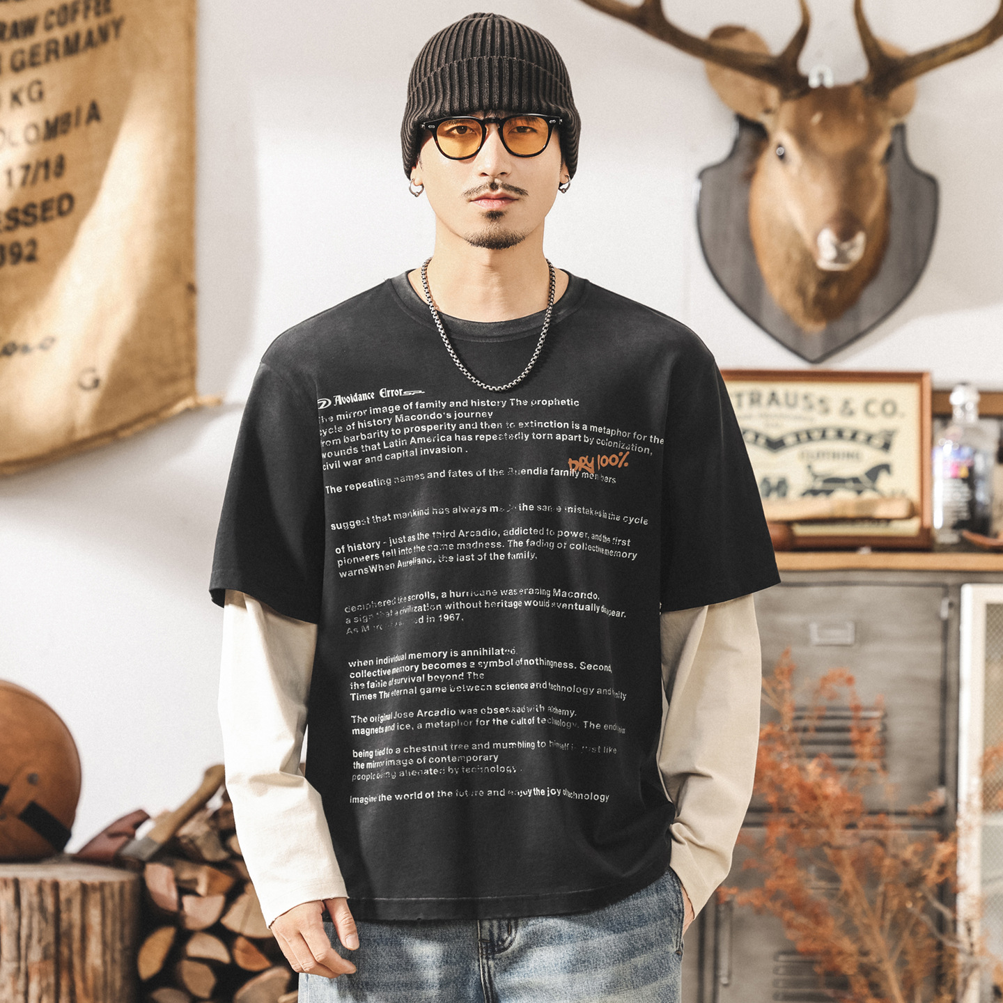 美式復古假兩件長袖t恤男款秋季高街潮牌水洗磨破做舊寬鬆上衣男